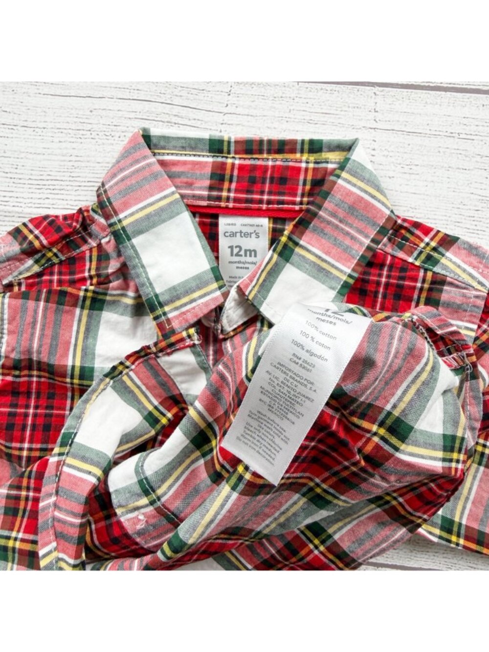 Carter's Red Green Plaid Button Up Shirt Long Sleeve Cotton 9-12 Months - Picture 2 of 3